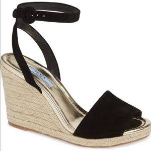 PRADA Suede Wedge Espadrille Sandals In Black